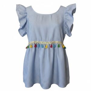 SHIEN White and Blue Striped Ruffle Sleeve Top with Multicolor Tassel Detail